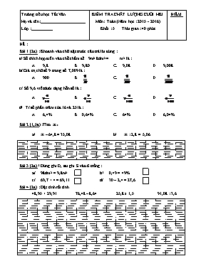 Đề kiểm tra chất lượng cuối học kì I Toán lớp 5 - Năm học 2015-2016 - Trường Tiểu học Phình Sáng